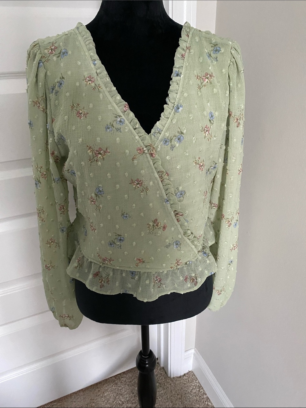 SO Sage Green Floral Blouse with Ruffle Trim